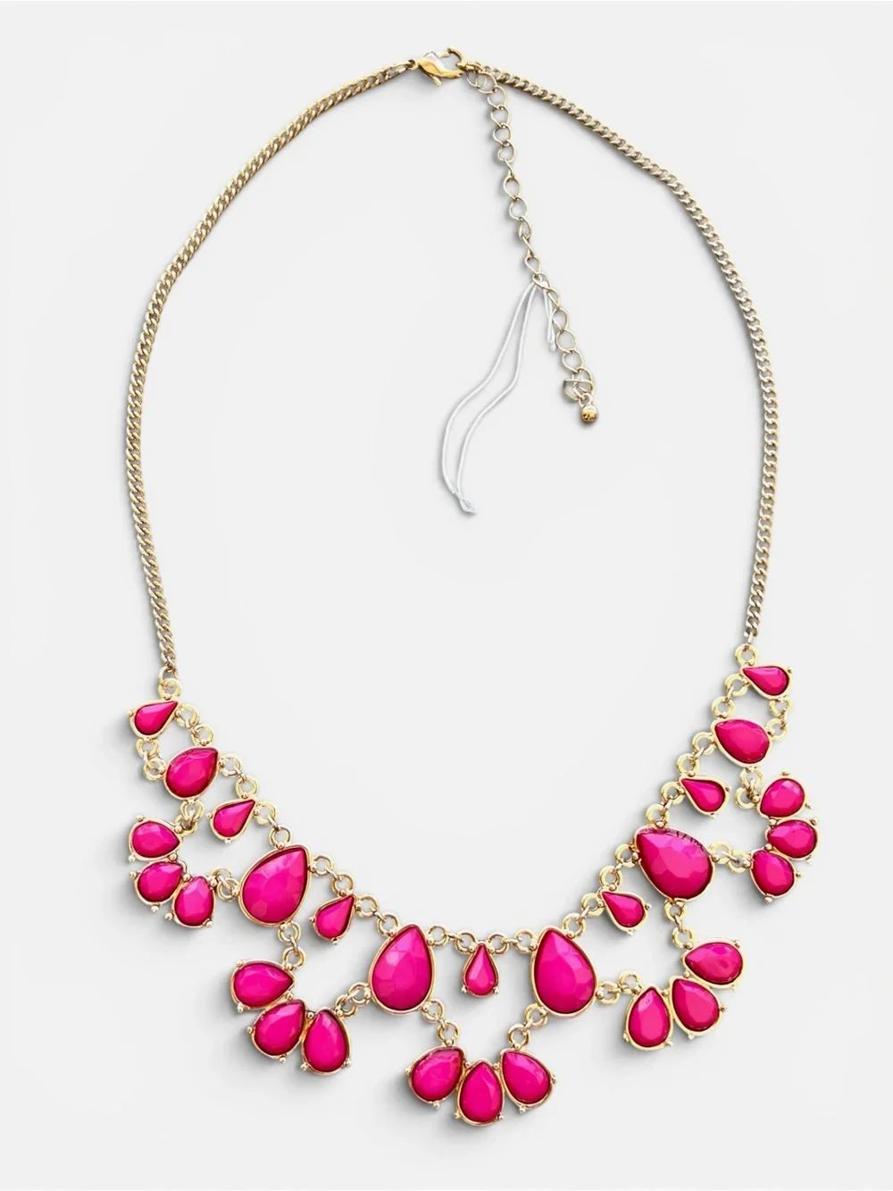 Gold Tone Pink Teardrop Double Layer Statement Necklace